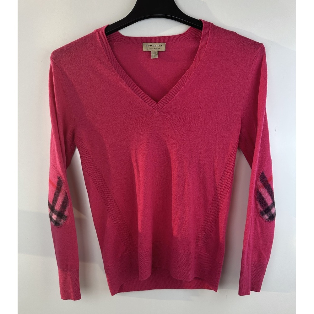 Burberry London Cashmere Sweater Pink Nova Check Elbow Patch XS Luxury Designer - Picture 2 of 16